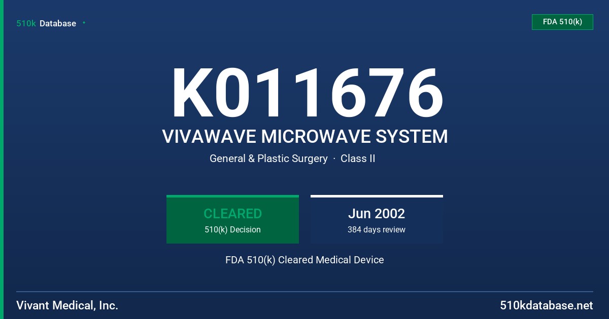 K011676 VIVAWAVE MICROWAVE SYSTEM FDA 510(k) Cleared Medical Device