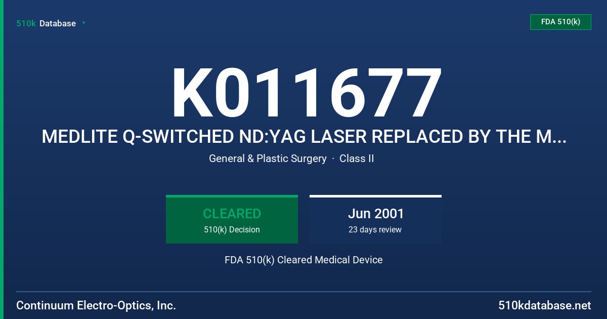 K011677 MEDLITE Q-SWITCHED ND:YAG LASER REPLACED BY THE MEDLITE C3 Q-SWTICHED ND:YAG LASER FDA 510(k) Cleared Medical Device