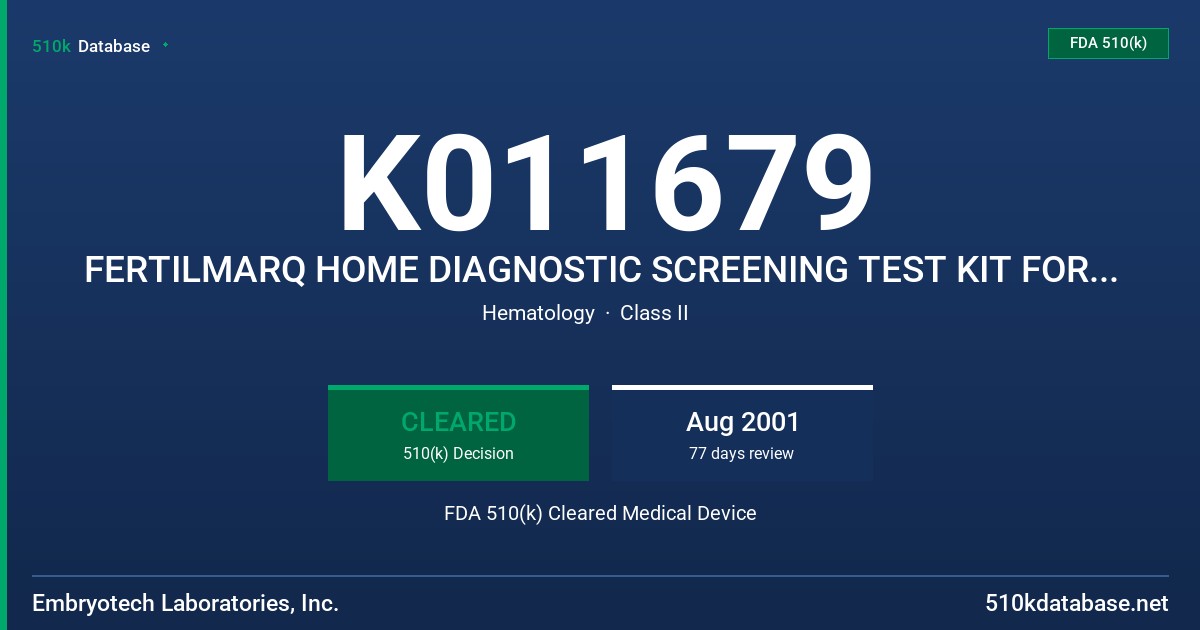 K011679 FERTILMARQ HOME DIAGNOSTIC SCREENING TEST KIT FOR MALE INFERTILITY FDA 510(k) Cleared Medical Device