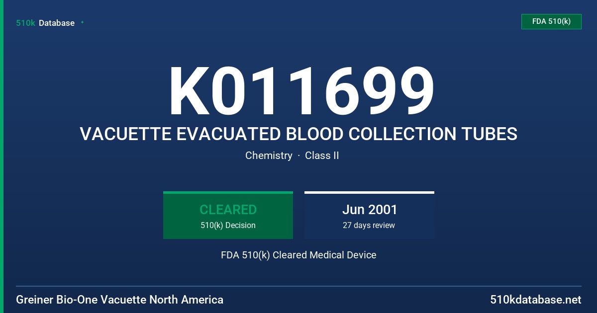 K011699 VACUETTE EVACUATED BLOOD COLLECTION TUBES FDA 510(k) Cleared Medical Device