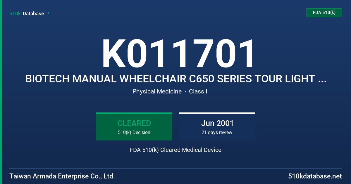 K011701 BIOTECH MANUAL WHEELCHAIR C650 SERIES TOUR LIGHT WHEELCHAIR FDA 510(k) Cleared Medical Device