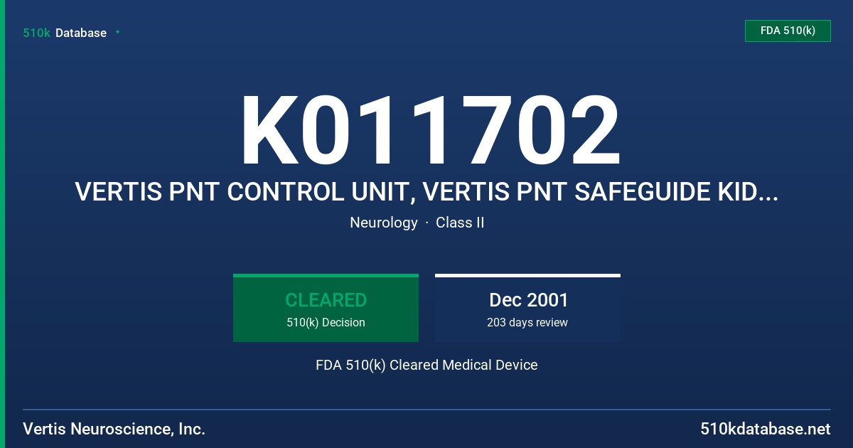 K011702 VERTIS PNT CONTROL UNIT, VERTIS PNT SAFEGUIDE KIDS, MODELS CU100, SGXXX FDA 510(k) Cleared Medical Device