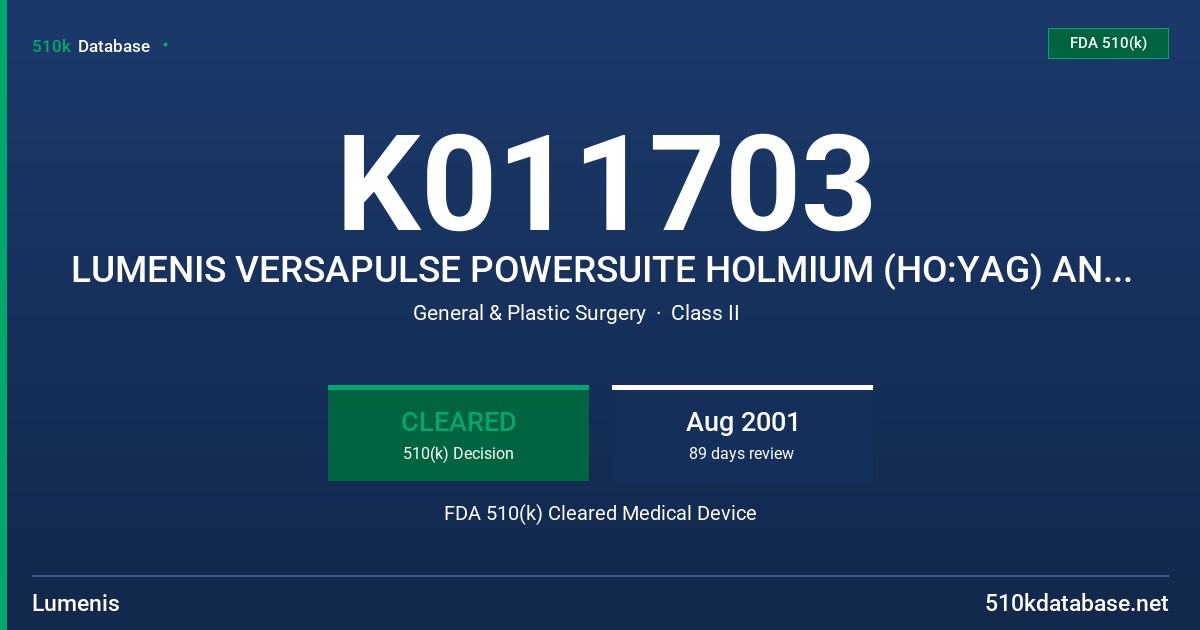 K011703 LUMENIS VERSAPULSE POWERSUITE HOLMIUM (HO:YAG) AND DUAL WAVELENGTH (HO:YAG/ND:YAG) SURGICAL LASERS AND DELIVERY DEVICES FDA 510(k) Cleared Medical Device