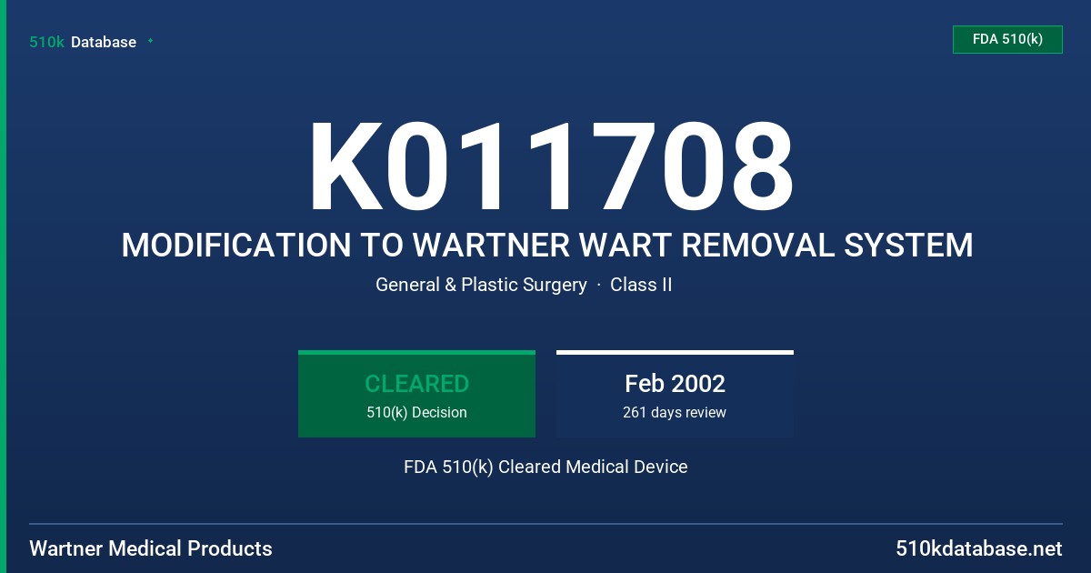 K011708 MODIFICATION TO WARTNER WART REMOVAL SYSTEM FDA 510(k) Cleared Medical Device