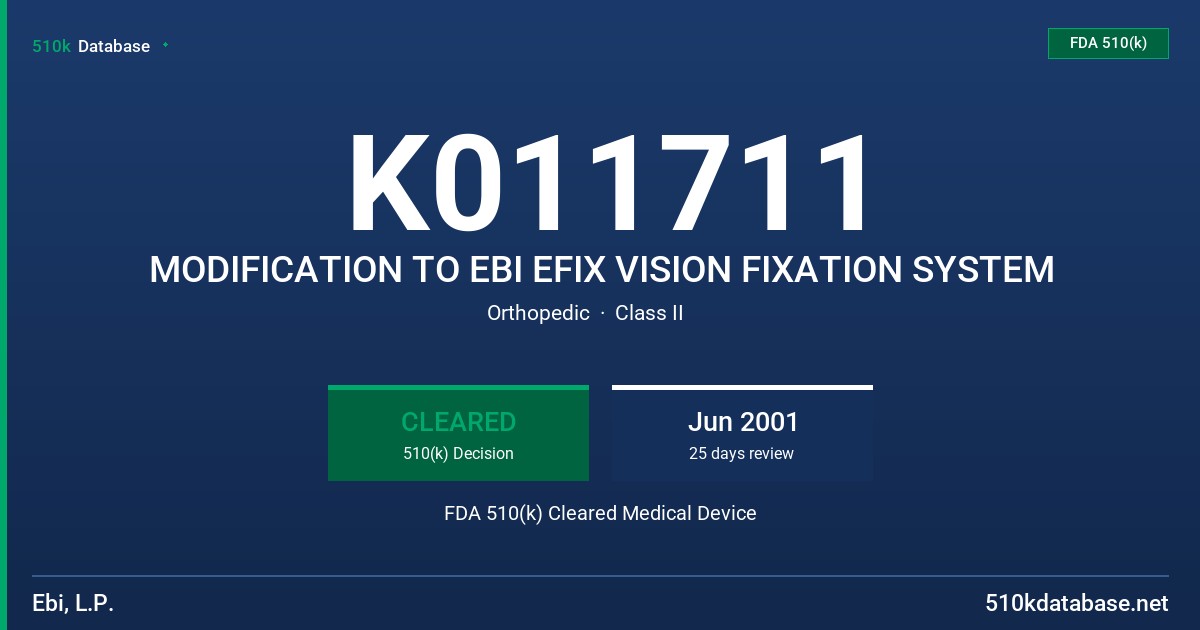 K011711 MODIFICATION TO EBI EFIX VISION FIXATION SYSTEM FDA 510(k) Cleared Medical Device