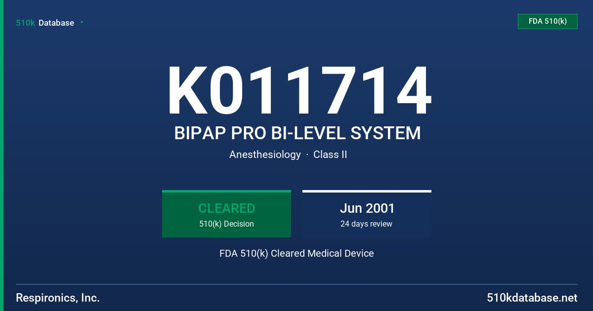 K011714 BIPAP PRO BI-LEVEL SYSTEM FDA 510(k) Cleared Medical Device
