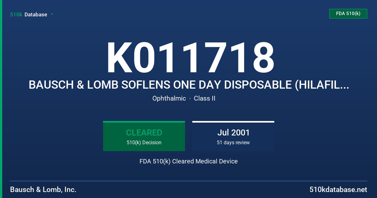 K011718 BAUSCH & LOMB SOFLENS ONE DAY DISPOSABLE (HILAFILCON A) VISIBILITY TINTED CONTACT FDA 510(k) Cleared Medical Device