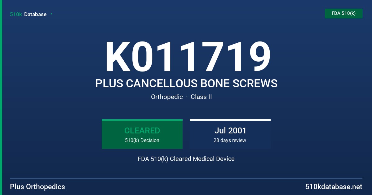 K011719 PLUS CANCELLOUS BONE SCREWS FDA 510(k) Cleared Medical Device