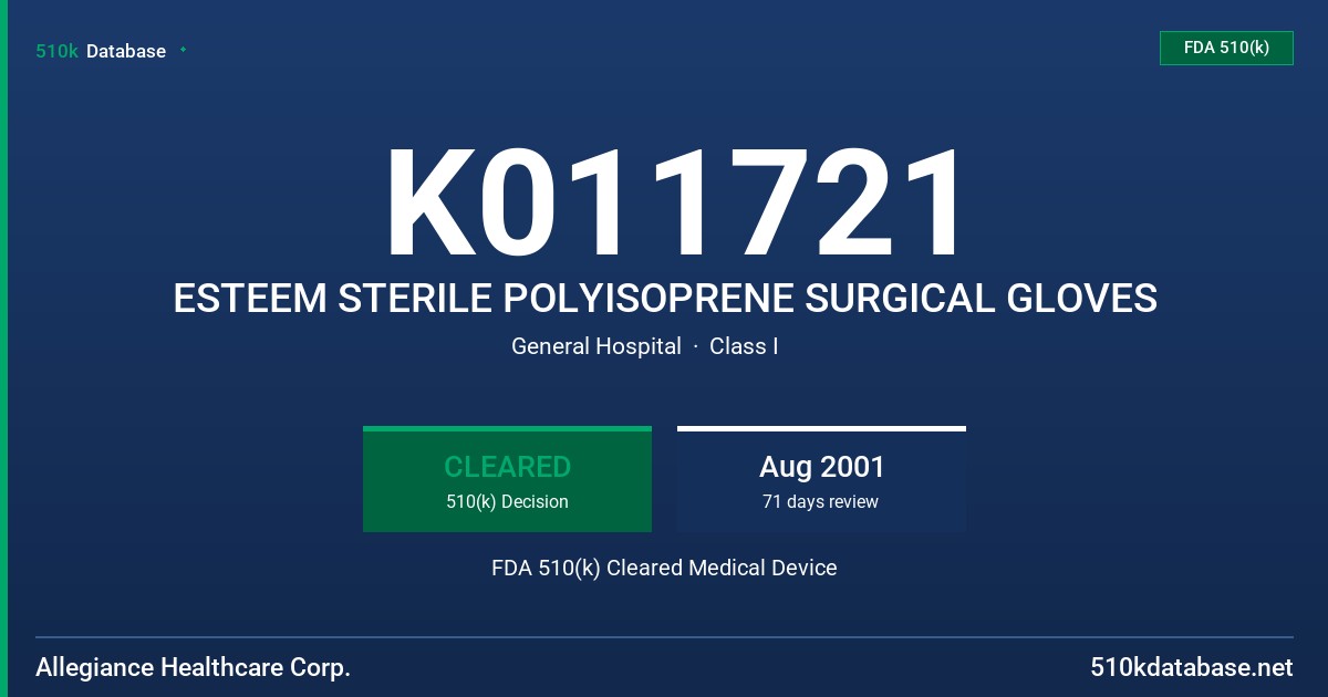 K011721 ESTEEM STERILE POLYISOPRENE SURGICAL GLOVES FDA 510(k) Cleared Medical Device