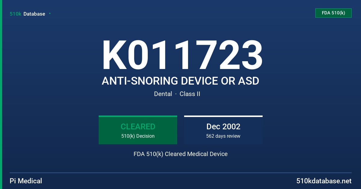 K011723 ANTI-SNORING DEVICE OR ASD FDA 510(k) Cleared Medical Device