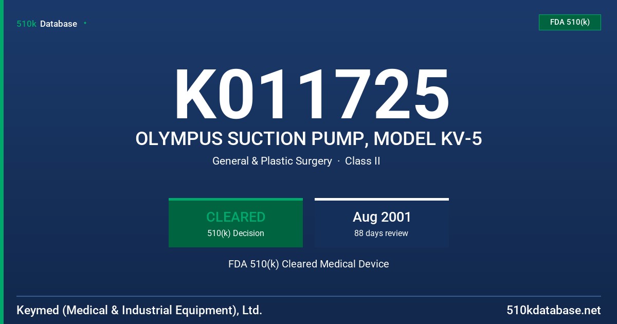 K011725 OLYMPUS SUCTION PUMP, MODEL KV-5 FDA 510(k) Cleared Medical Device