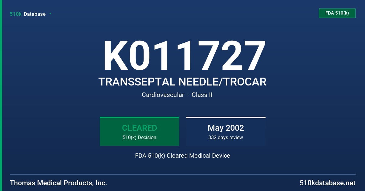 K011727 TRANSSEPTAL NEEDLE/TROCAR FDA 510(k) Cleared Medical Device