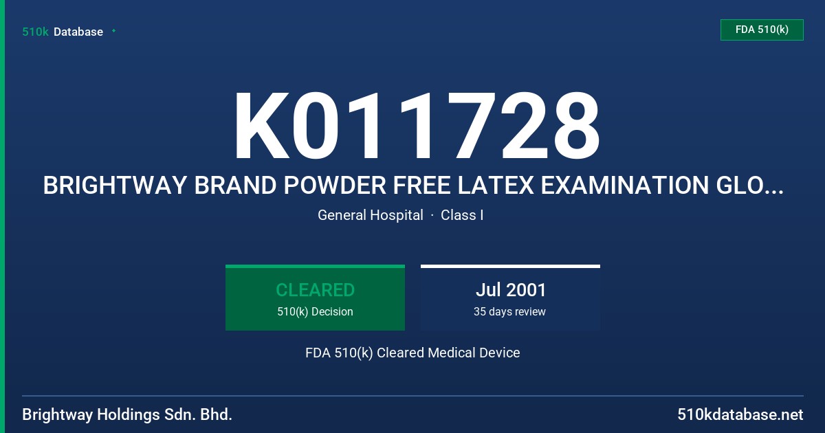 K011728 BRIGHTWAY BRAND POWDER FREE LATEX EXAMINATION GLOVES, BLUE NON-STERILE, PROTEIN LABELING CLAIM (50 MICROGRAMS OR LESS) ( FDA 510(k) Cleared Medical Device