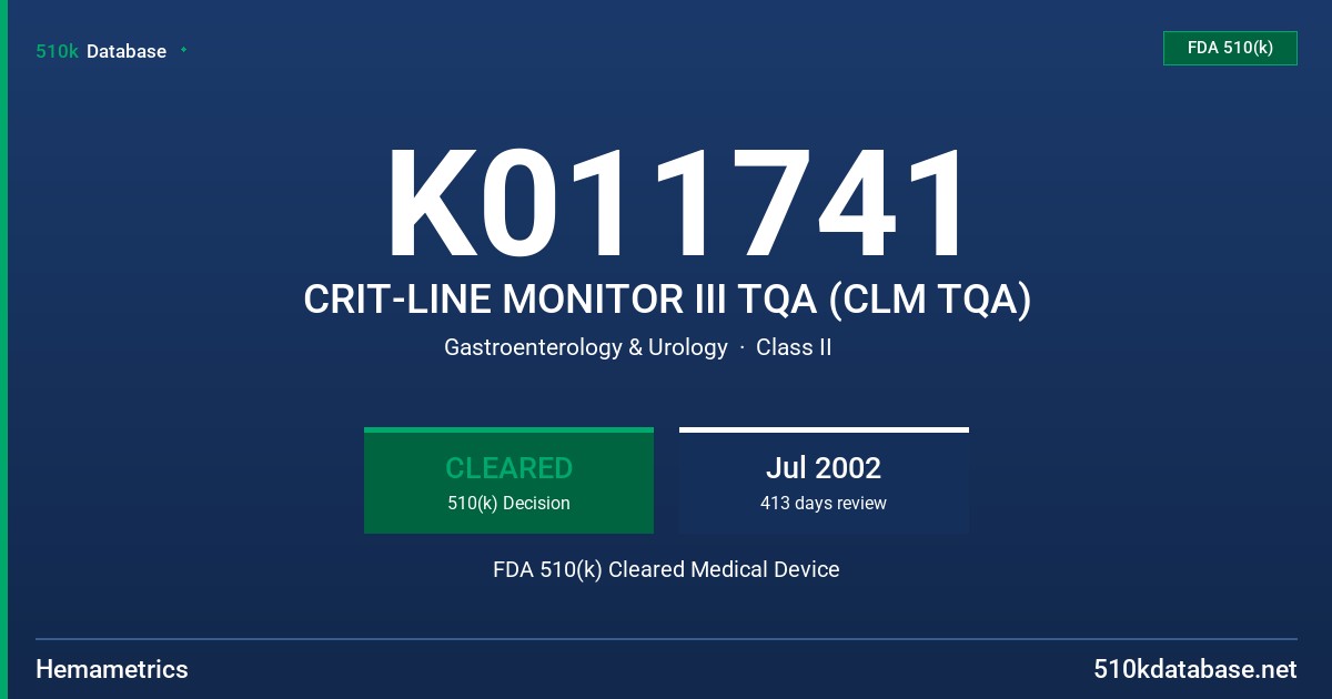 K011741 CRIT-LINE MONITOR III TQA (CLM TQA) FDA 510(k) Cleared Medical Device