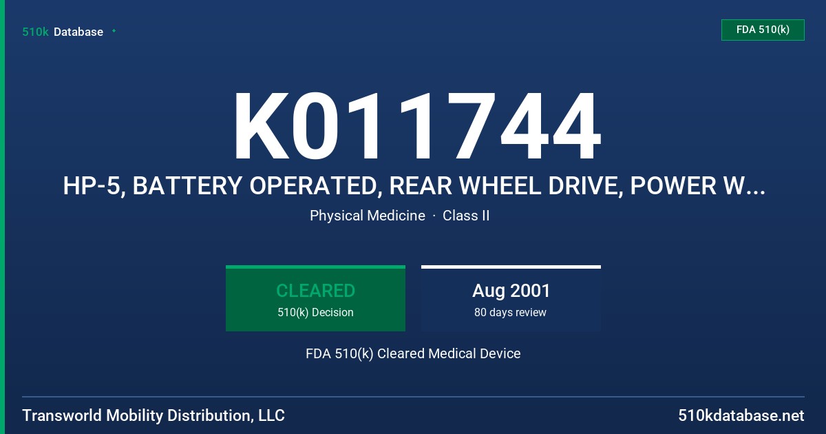 K011744 HP-5, BATTERY OPERATED, REAR WHEEL DRIVE, POWER WHEELCHAIR FDA 510(k) Cleared Medical Device