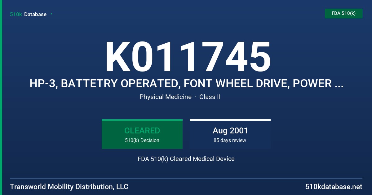 K011745 HP-3, BATTETRY OPERATED, FONT WHEEL DRIVE, POWER WHEELCHAIR FDA 510(k) Cleared Medical Device