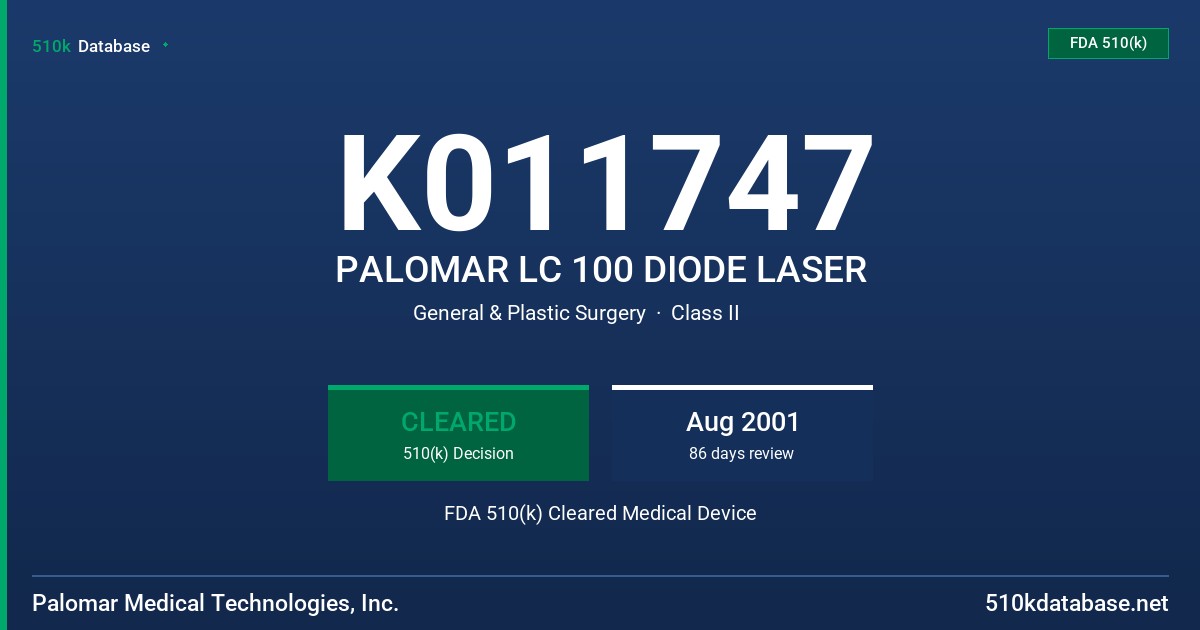 K011747 PALOMAR LC 100 DIODE LASER FDA 510(k) Cleared Medical Device