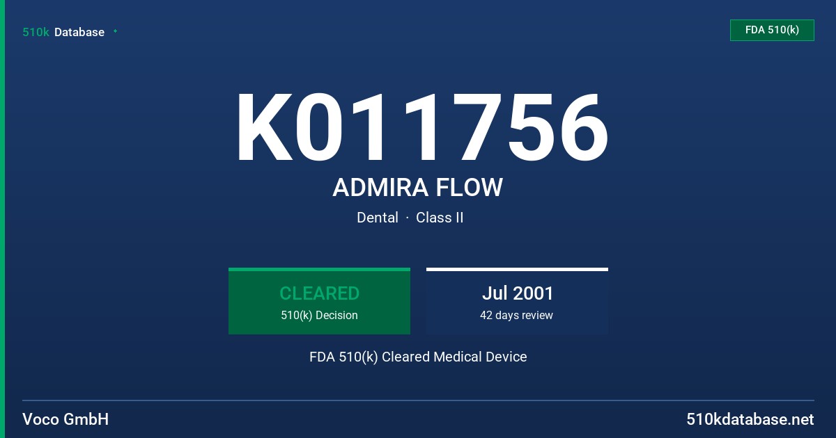 K011756 ADMIRA FLOW FDA 510(k) Cleared Medical Device