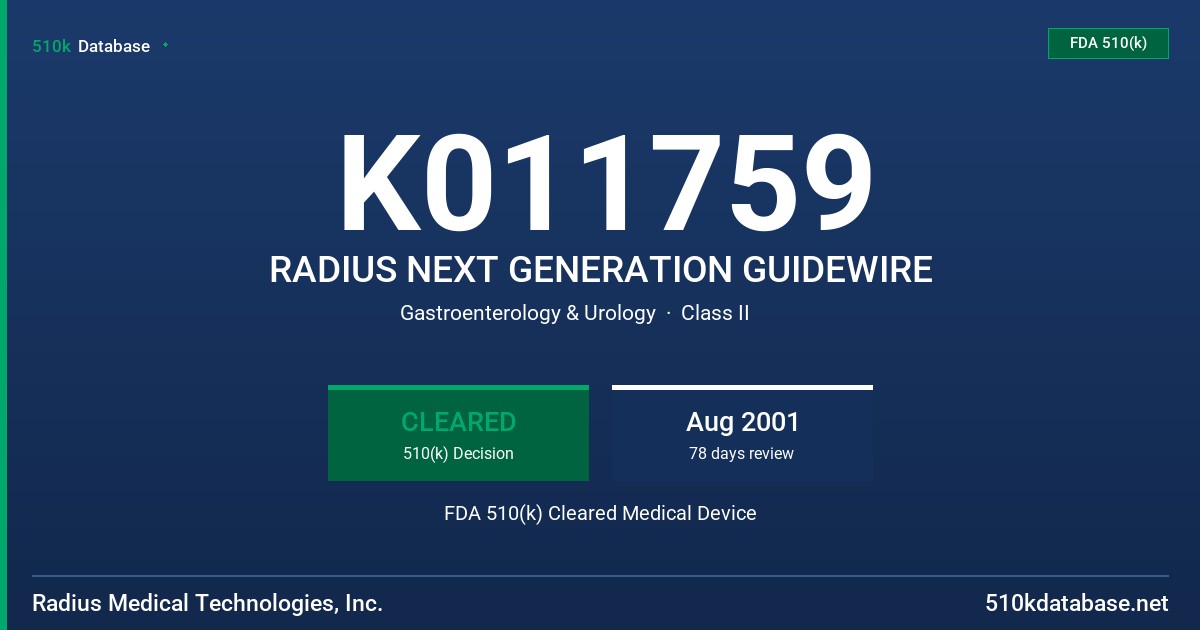 K011759 RADIUS NEXT GENERATION GUIDEWIRE FDA 510(k) Cleared Medical Device