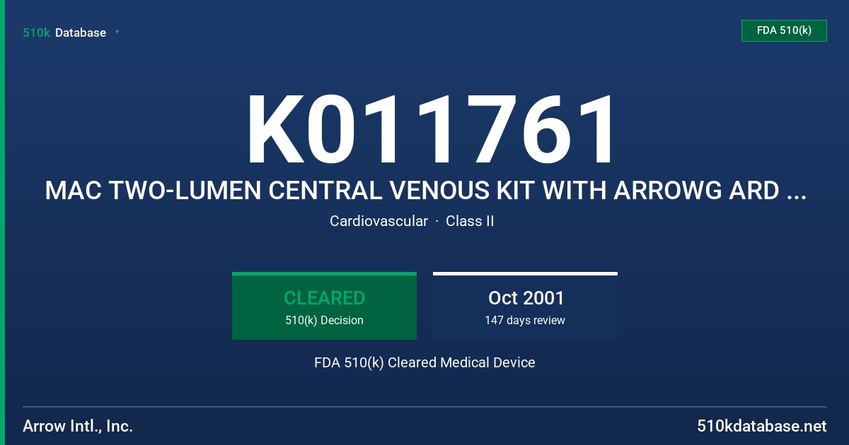 K011761 MAC TWO-LUMEN CENTRAL VENOUS KIT WITH ARROWG ARD BLUE ANTIMICROBIAL SURFACE AND INTEGRAL HEMOSTASIS VALVE/SIDE PORT FDA 510(k) Cleared Medical Device