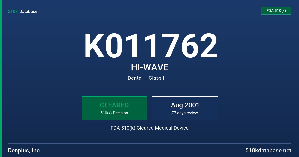 K011762 HI-WAVE FDA 510(k) Cleared Medical Device