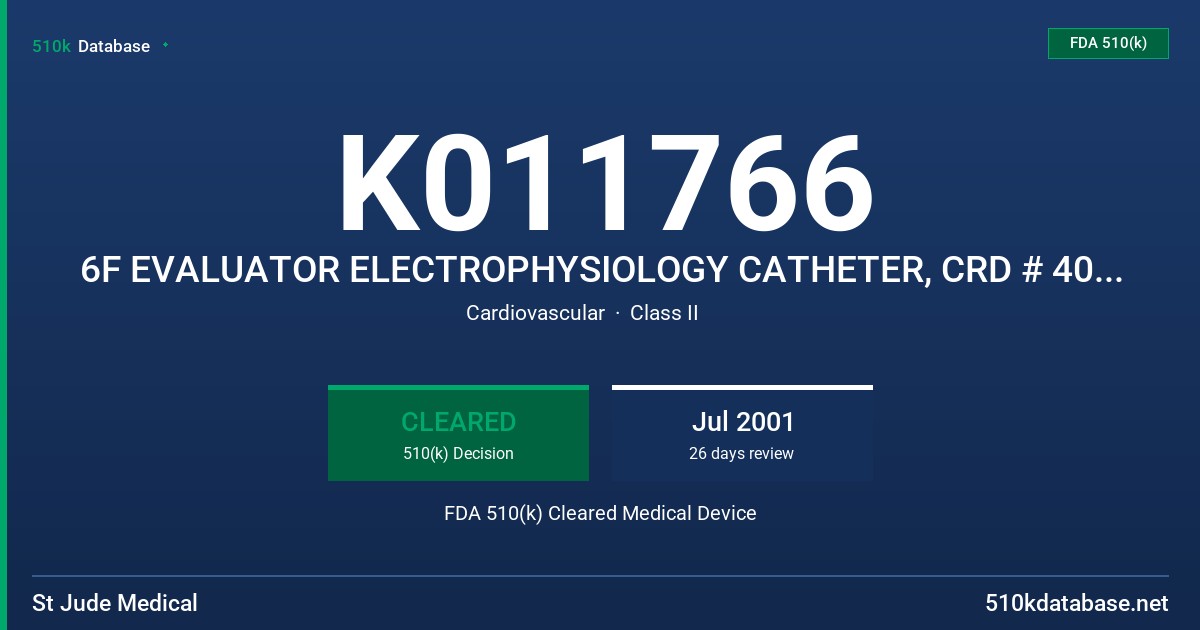K011766 6F EVALUATOR ELECTROPHYSIOLOGY CATHETER, CRD # 402720,402722 FDA 510(k) Cleared Medical Device