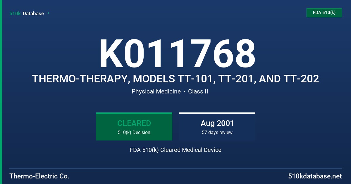 K011768 THERMO-THERAPY, MODELS TT-101, TT-201, AND TT-202 FDA 510(k) Cleared Medical Device