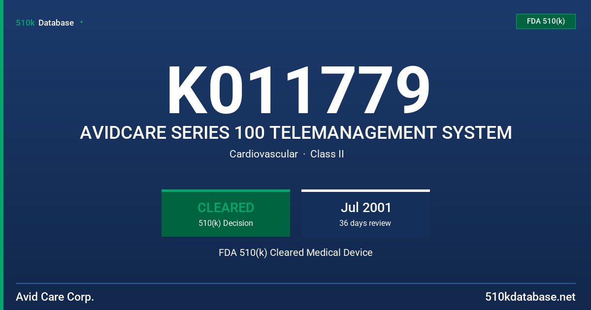 K011779 AVIDCARE SERIES 100 TELEMANAGEMENT SYSTEM FDA 510(k) Cleared Medical Device