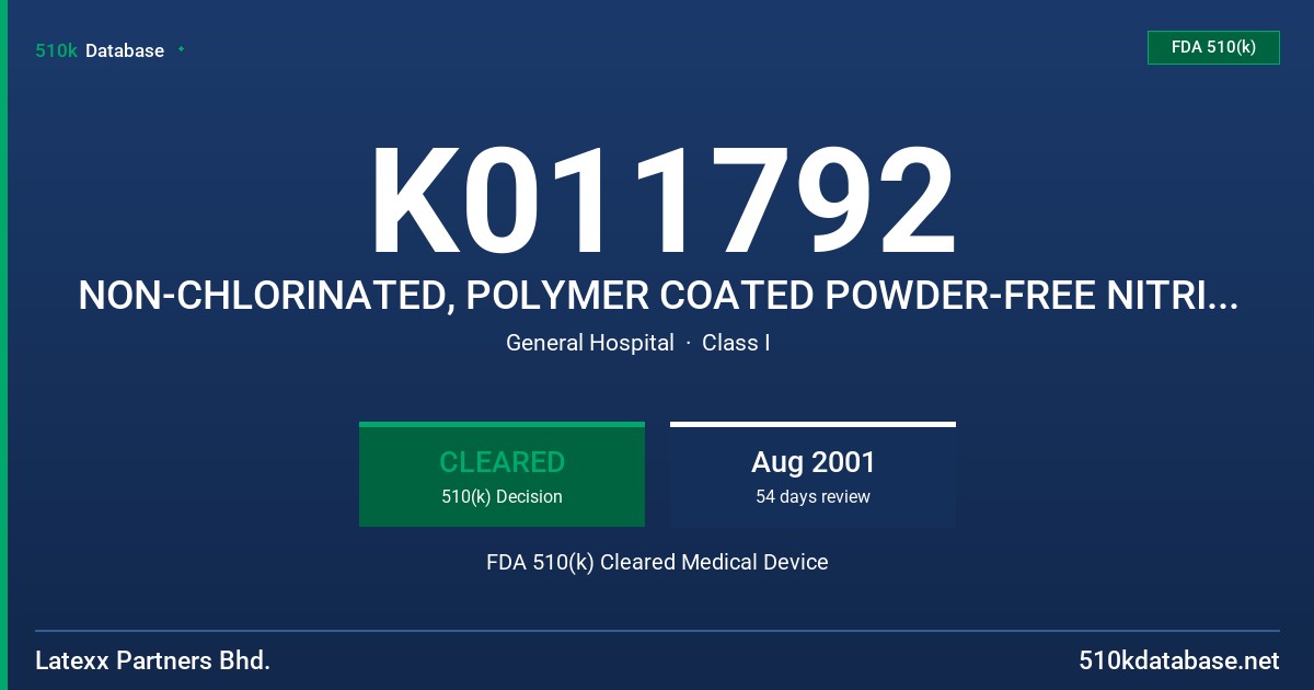 K011792 NON-CHLORINATED, POLYMER COATED POWDER-FREE NITRILE PATIENT EXAMINATION GLOVES FDA 510(k) Cleared Medical Device