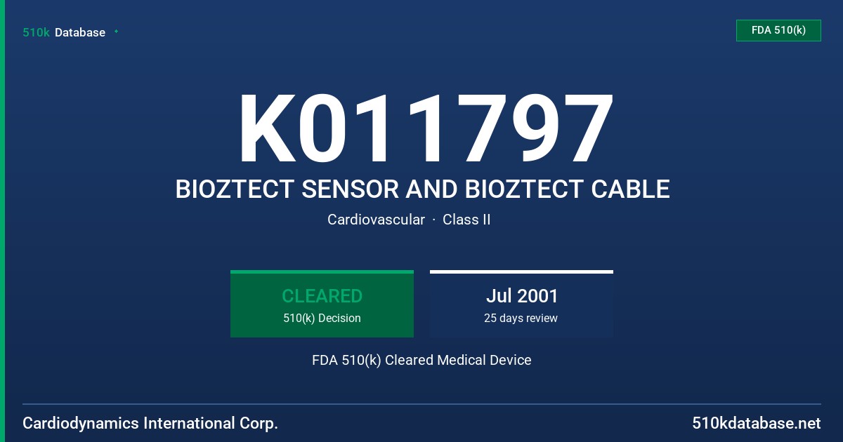 K011797 BIOZTECT SENSOR AND BIOZTECT CABLE FDA 510(k) Cleared Medical Device