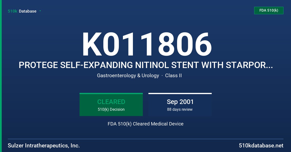 K011806 PROTEGE SELF-EXPANDING NITINOL STENT WITH STARPORT DELIVERY TECHNOLOGY FDA 510(k) Cleared Medical Device