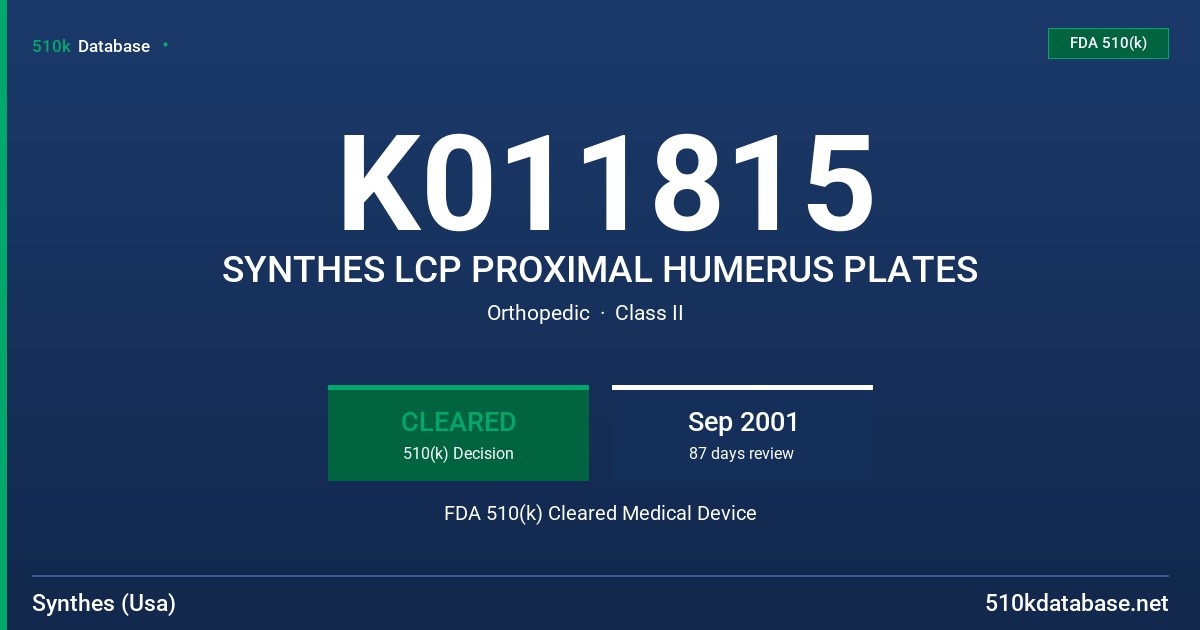K011815 SYNTHES LCP PROXIMAL HUMERUS PLATES FDA 510(k) Cleared Medical Device