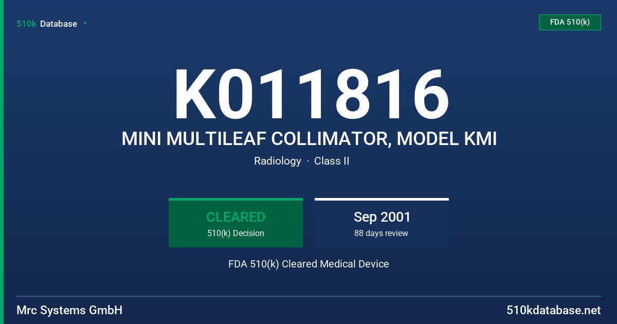 K011816 MINI MULTILEAF COLLIMATOR, MODEL KMI FDA 510(k) Cleared Medical Device