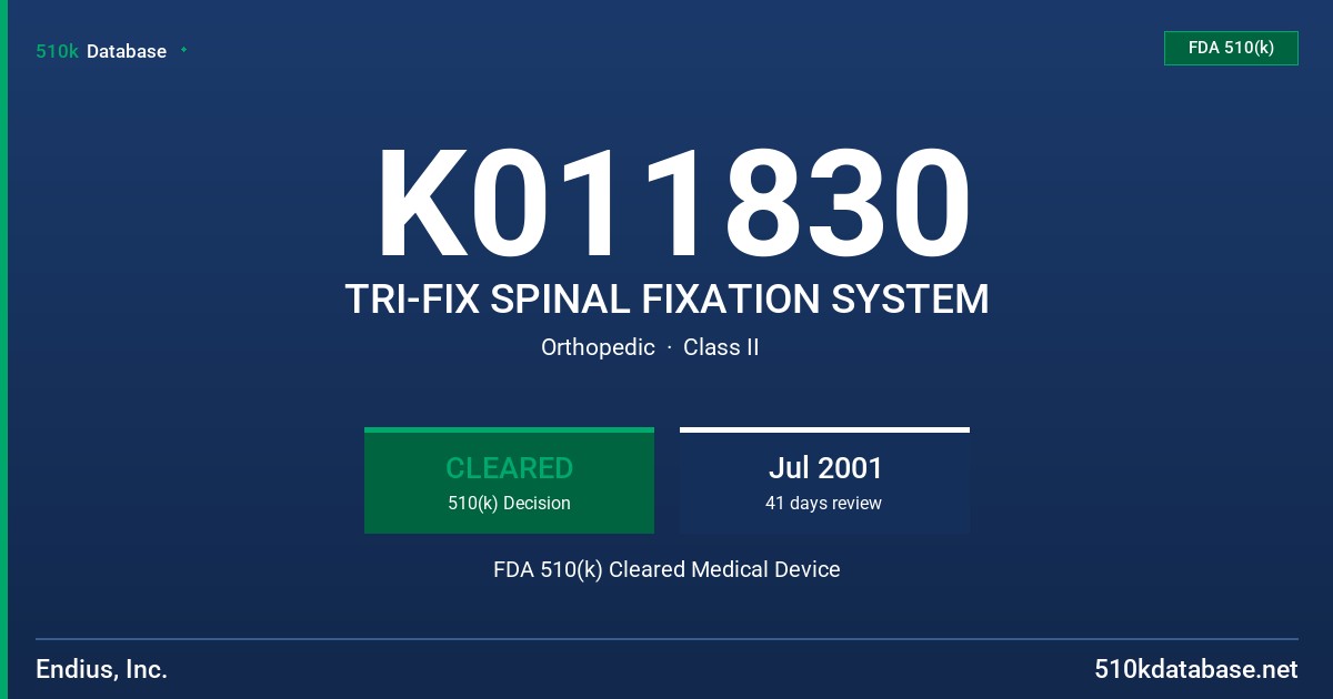 K011830 TRI-FIX SPINAL FIXATION SYSTEM FDA 510(k) Cleared Medical Device