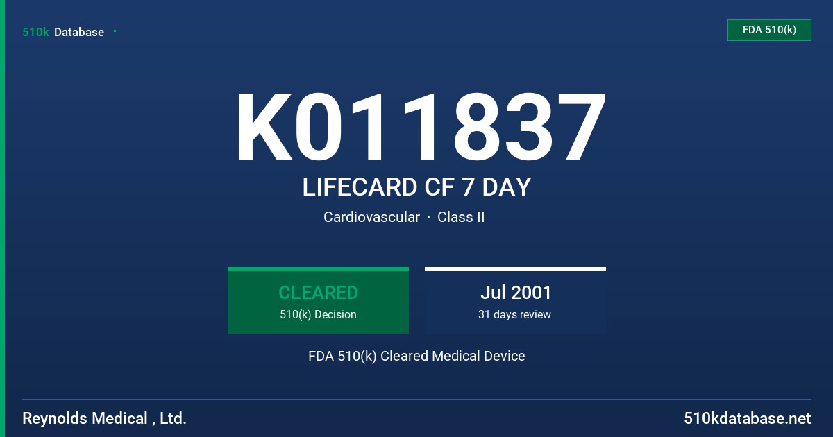 K011837 LIFECARD CF 7 DAY FDA 510(k) Cleared Medical Device
