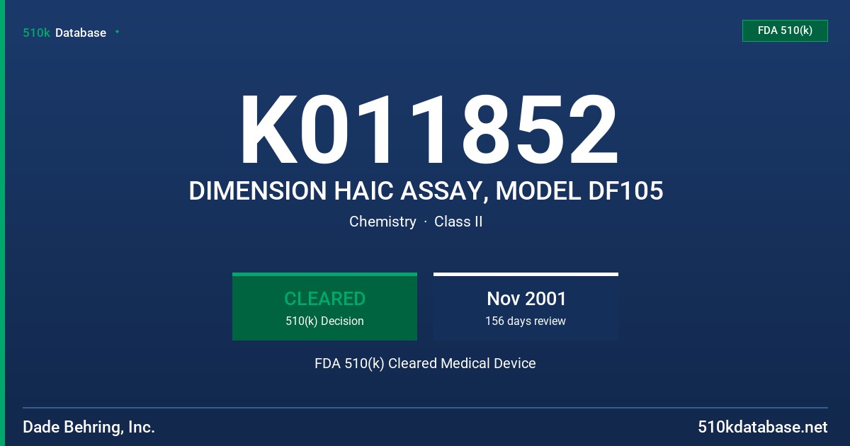 K011852 DIMENSION HAIC ASSAY, MODEL DF105 FDA 510(k) Cleared Medical Device