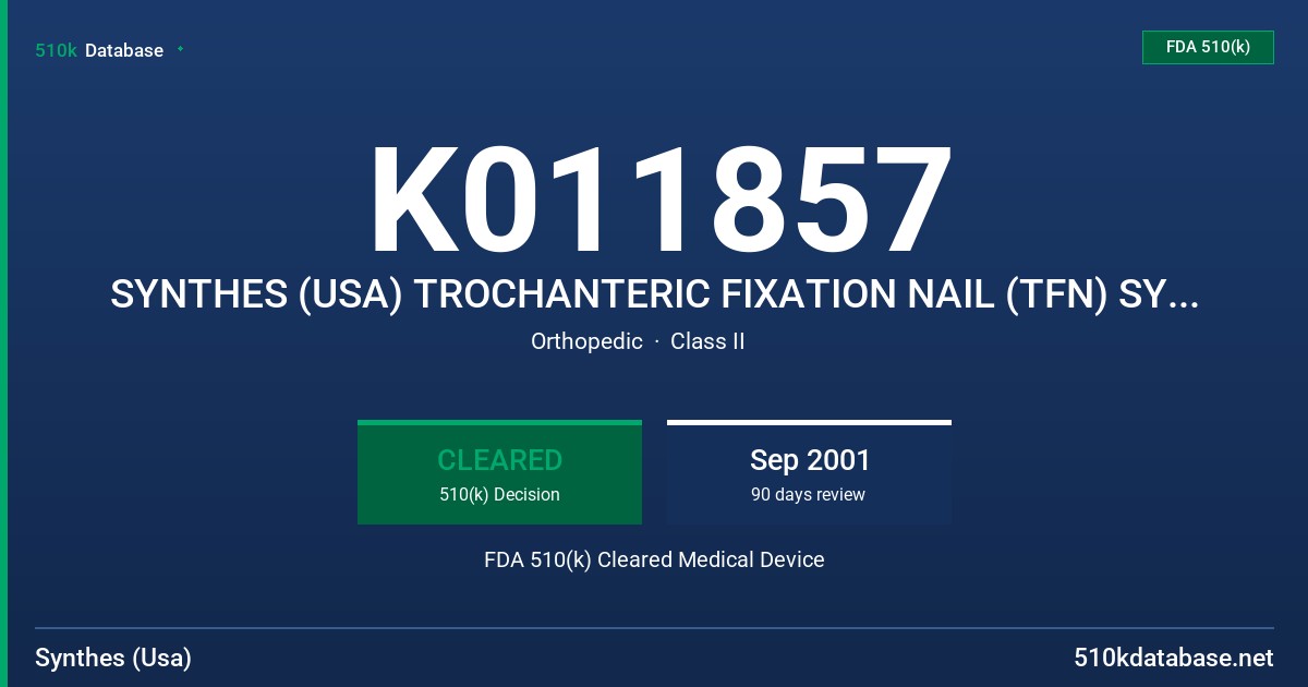 K011857 SYNTHES (USA) TROCHANTERIC FIXATION NAIL (TFN) SYSTEM FDA 510(k) Cleared Medical Device