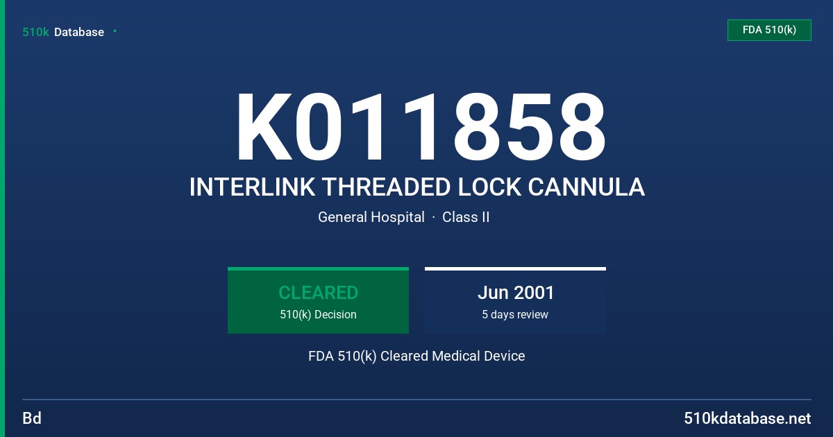 K011858 INTERLINK THREADED LOCK CANNULA FDA 510(k) Cleared Medical Device