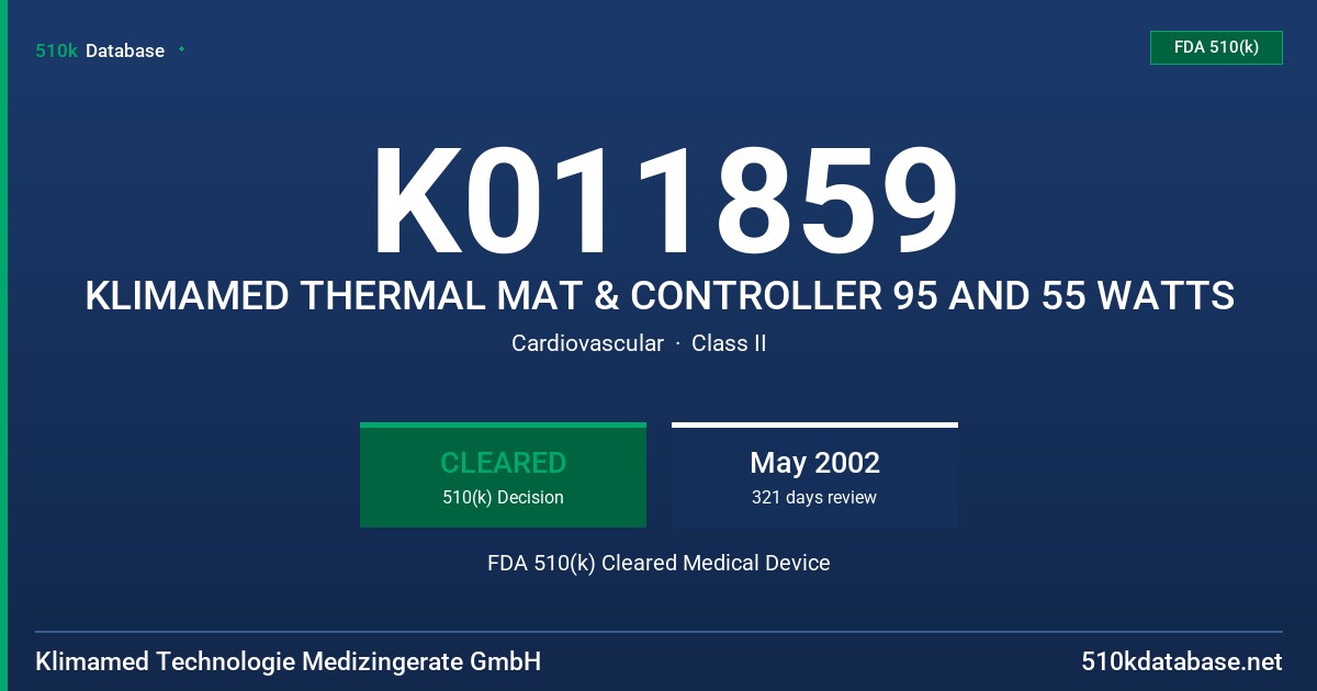 K011859 KLIMAMED THERMAL MAT & CONTROLLER 95 AND 55 WATTS FDA 510(k) Cleared Medical Device