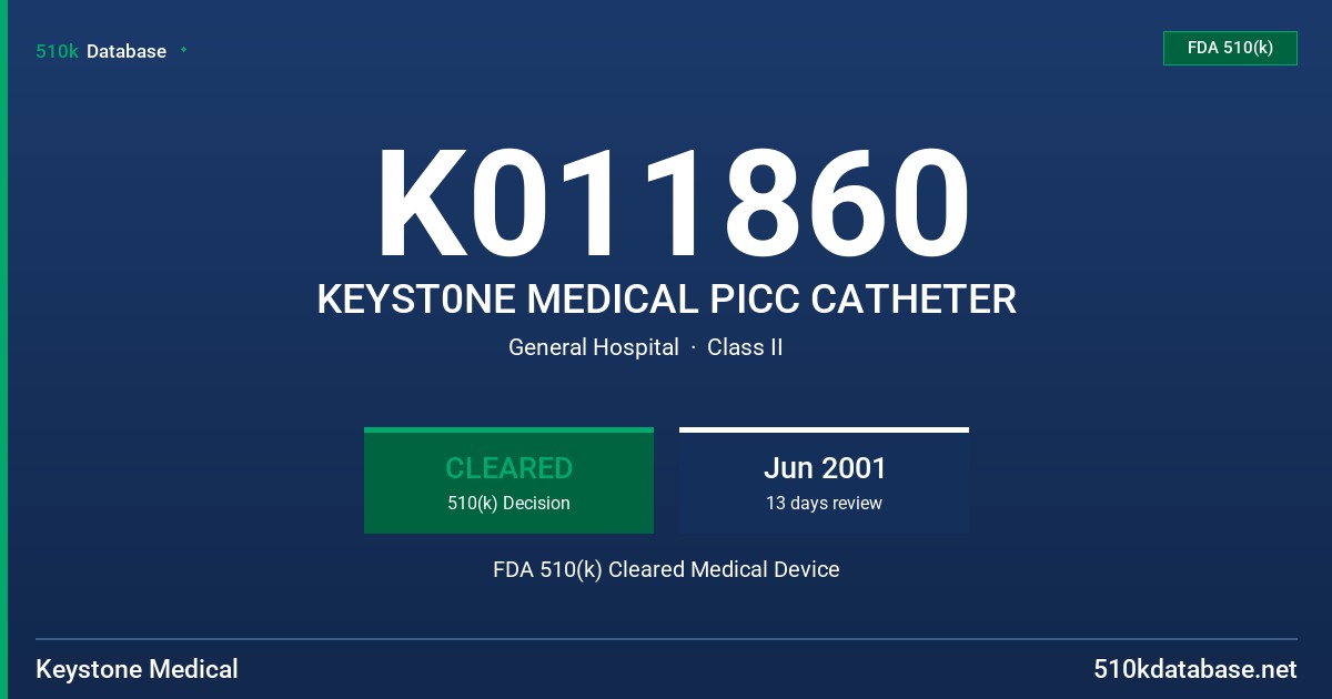 K011860 KEYST0NE MEDICAL PICC CATHETER FDA 510(k) Cleared Medical Device
