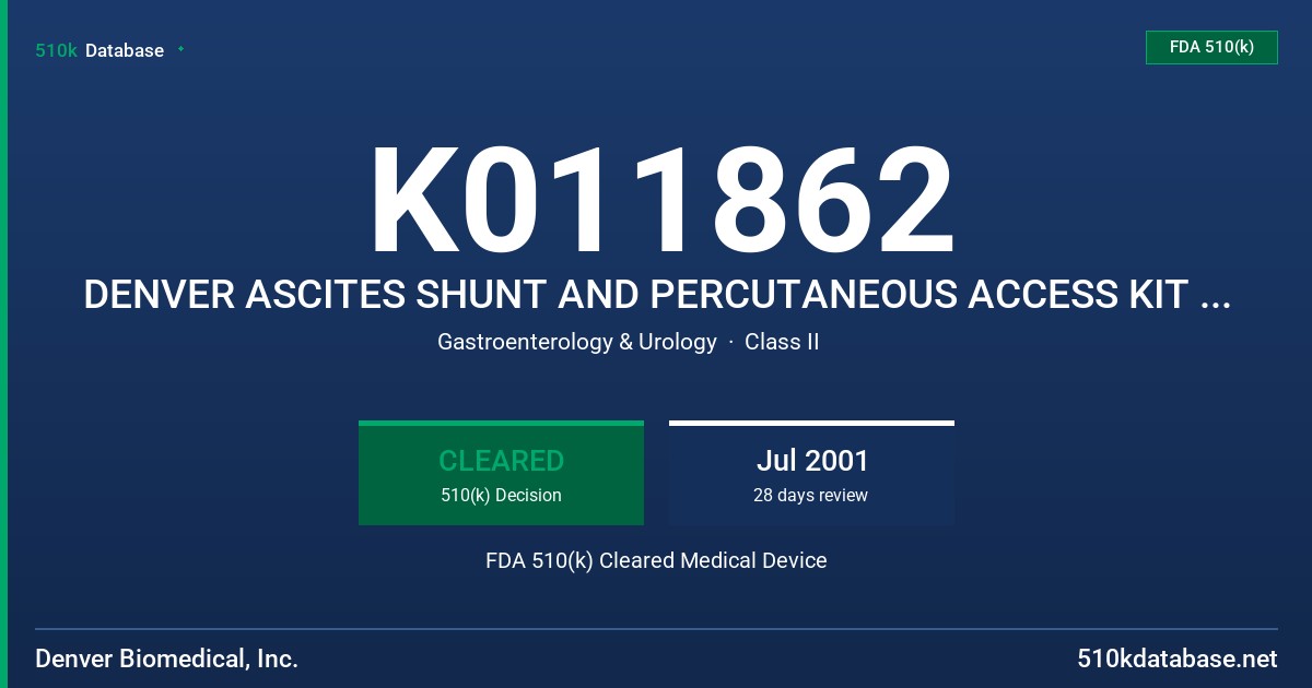 K011862 DENVER ASCITES SHUNT AND PERCUTANEOUS ACCESS KIT WITH ASCITIES SHUNT FDA 510(k) Cleared Medical Device