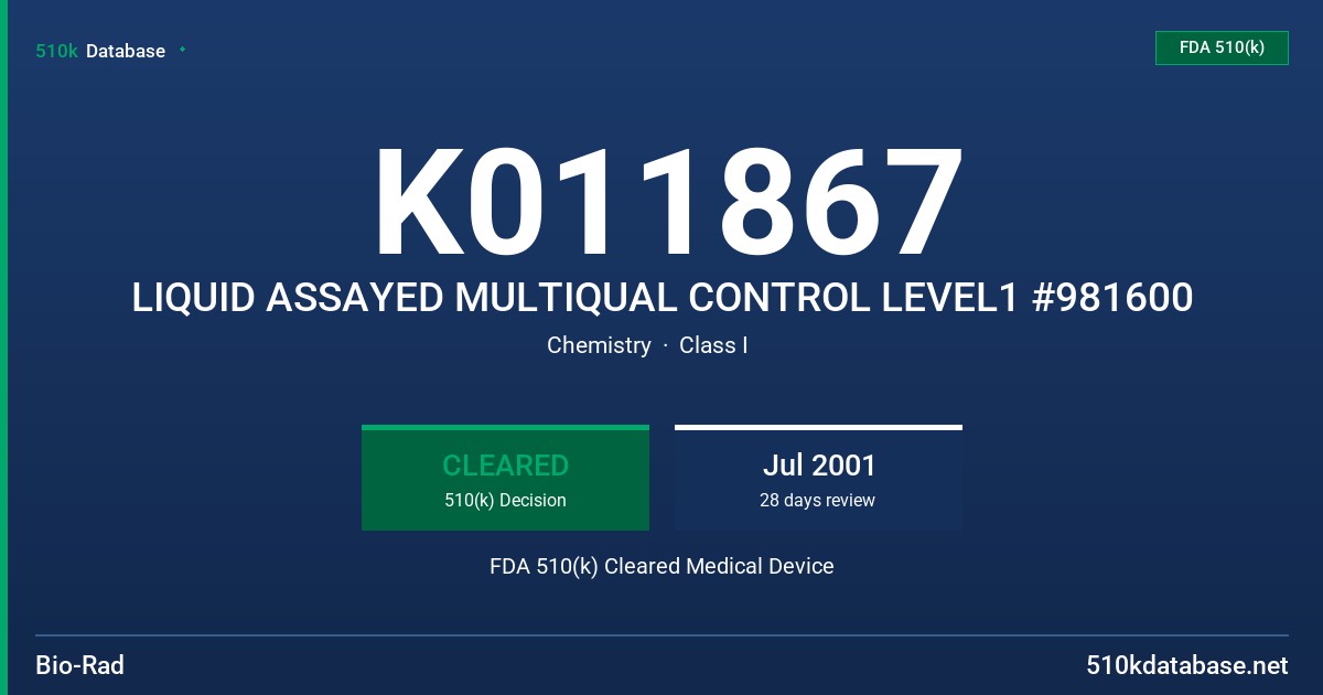 K011867 LIQUID ASSAYED MULTIQUAL CONTROL LEVEL1 #981600 FDA 510(k) Cleared Medical Device