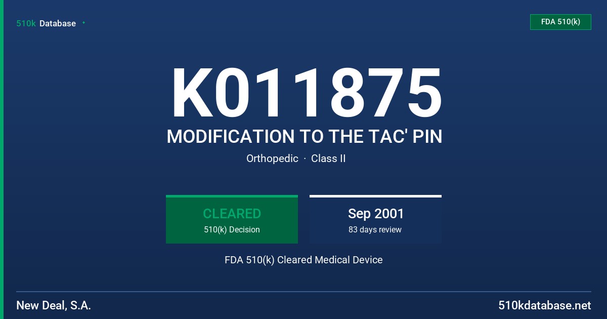 K011875 MODIFICATION TO THE TAC' PIN FDA 510(k) Cleared Medical Device