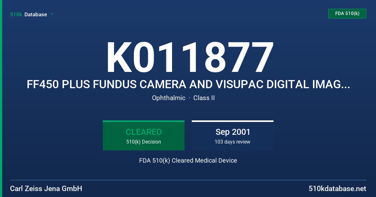 K011877 FF450 PLUS FUNDUS CAMERA AND VISUPAC DIGITAL IMAGE ARCHIVING SYSTEM, OR FF450 PLUS VISUPAC SYSTEM FDA 510(k) Cleared Medical Device