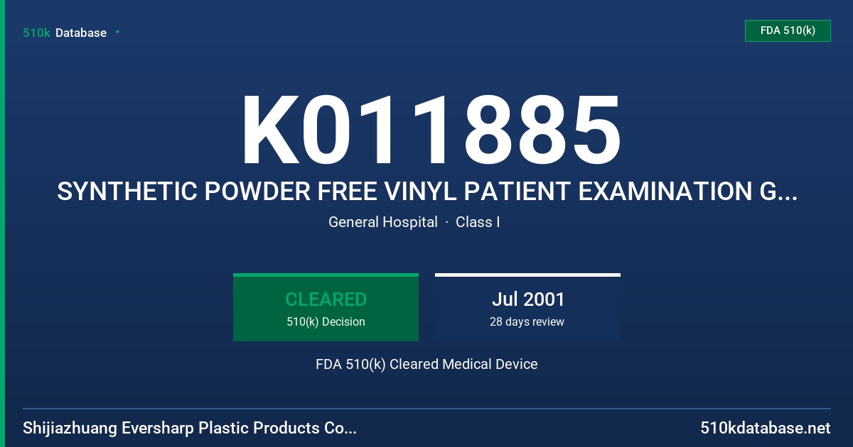 K011885 SYNTHETIC POWDER FREE VINYL PATIENT EXAMINATION GLOVES FDA 510(k) Cleared Medical Device