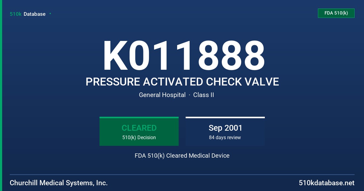 K011888 PRESSURE ACTIVATED CHECK VALVE FDA 510(k) Cleared Medical Device