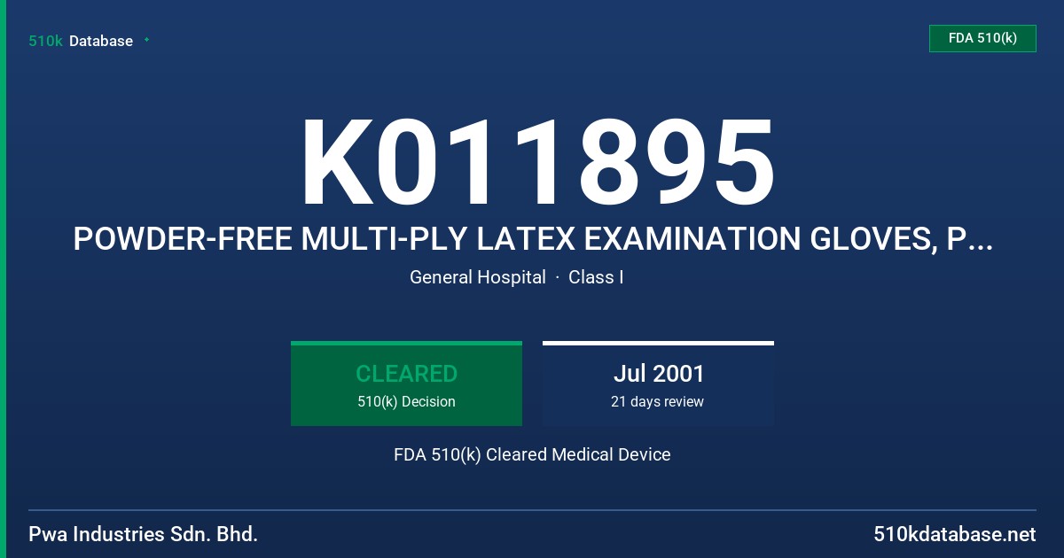 K011895 POWDER-FREE MULTI-PLY LATEX EXAMINATION GLOVES, POLYMER COATED ON OUTSIDE AND NITRILE COATED ON INSIDE, BLUE COLOR WITH FDA 510(k) Cleared Medical Device