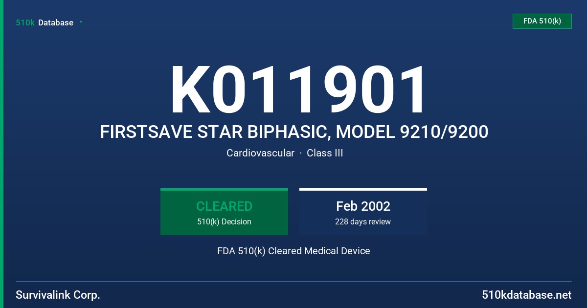 K011901 FIRSTSAVE STAR BIPHASIC, MODEL 9210/9200 FDA 510(k) Cleared Medical Device