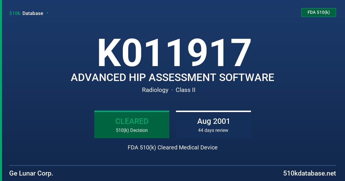 K011917 ADVANCED HIP ASSESSMENT SOFTWARE FDA 510(k) Cleared Medical Device