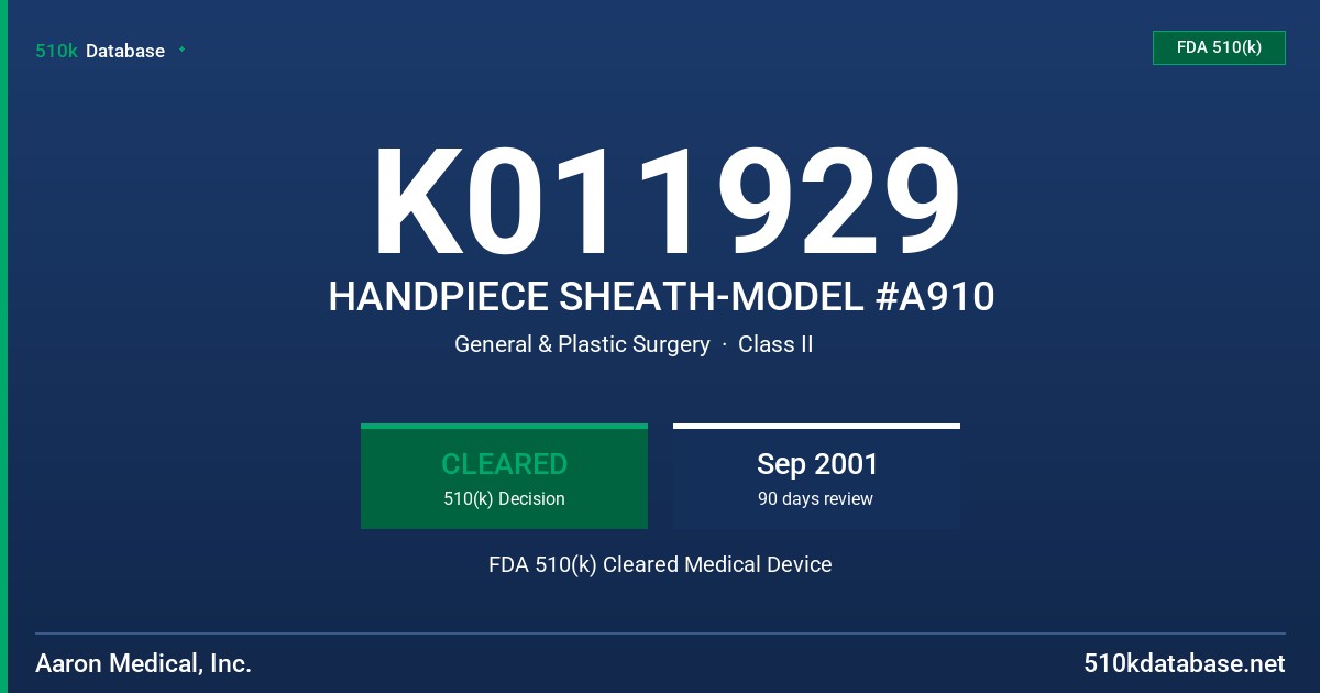 K011929 HANDPIECE SHEATH-MODEL #A910 FDA 510(k) Cleared Medical Device